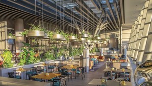Un espace de restauration intérieur moderne, doté de nombreuses tables et chaises, de plantes suspendues et d'un plafond haut avec des poutres apparentes.