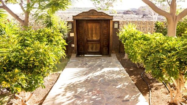 A stone pathway leading to a wooden door, flanked by green shrubs.