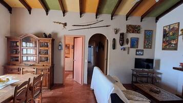 Una televisión, una chimenea, un reproductor de DVD