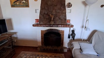 Televisión, chimenea, reproductor de DVD y tenis de mesa