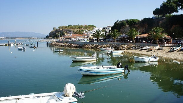 Un port tranquille où plusieurs petits bateaux sont amarrés le long de la rive, entouré d’immeubles et d’arbres.