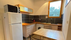 Una cocina compacta equipada con refrigerador, microondas, lavamanos y ventana.
