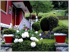Stroll through the beautifully maintained garden, surrounded by lush greenery and vibrant flowers.