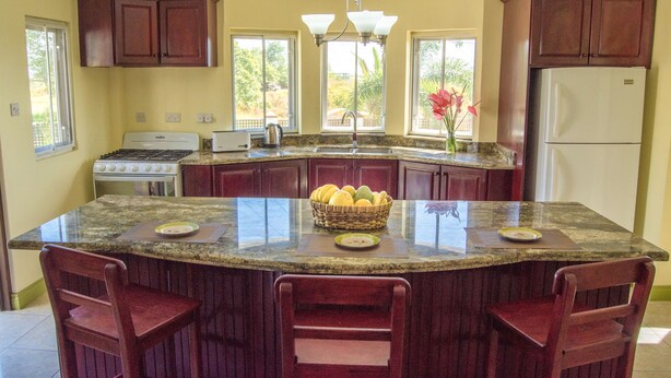 A kitchen with a large island, wooden cabinets, a stove, and a refrigerator. - Villa Cannelles (Micoud)