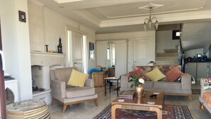 Un salon spacieux avec une cheminée, un ensemble de canapés, une table basse et un tapis à motifs.