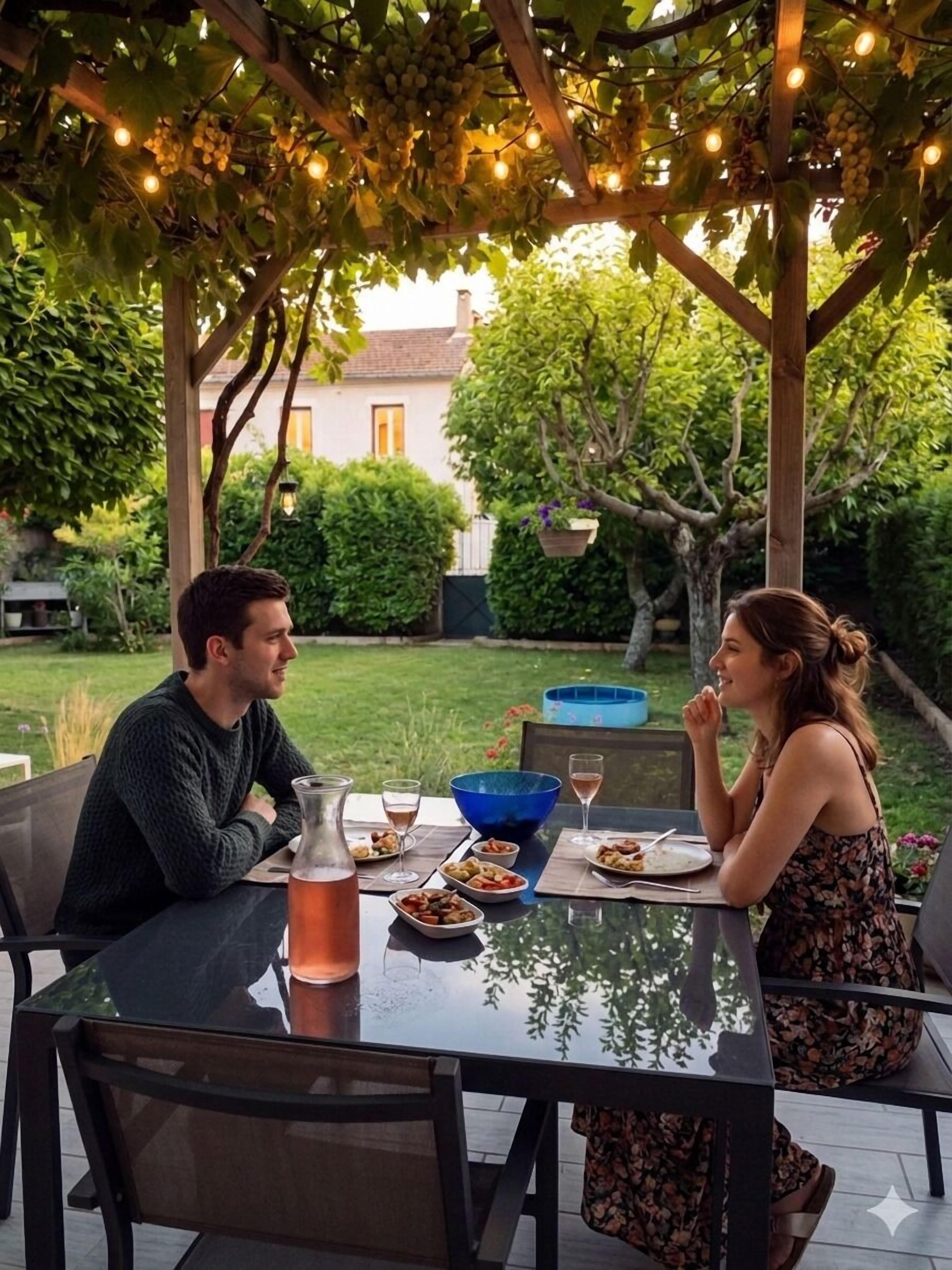 Ein Paar speist an einem Tisch im Freien mit Blick auf einen Garten und ein Gebäude im Hintergrund.