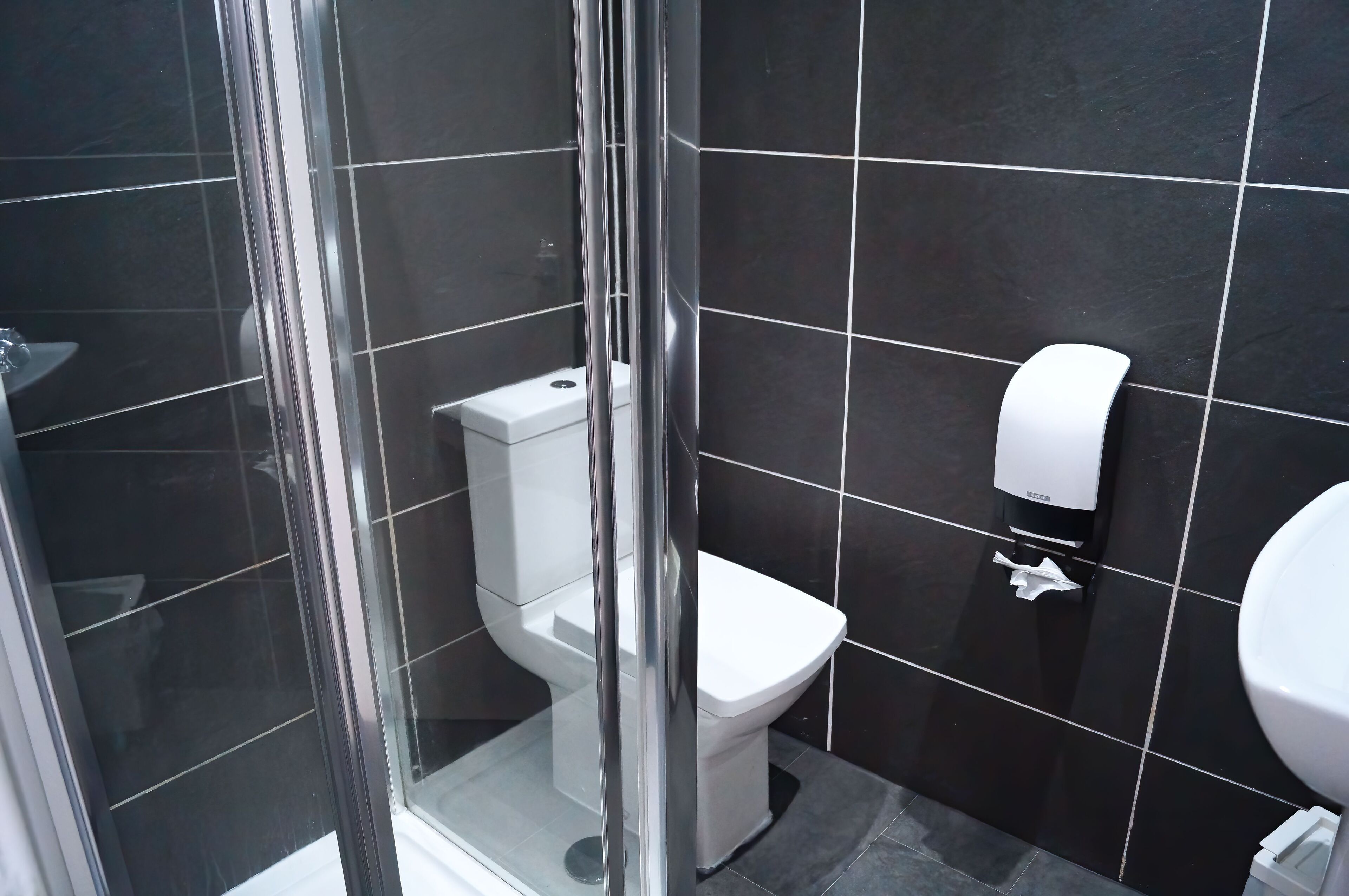 Een moderne badkamer met een glazen douchecabine, een wit toilet en een handdroger.