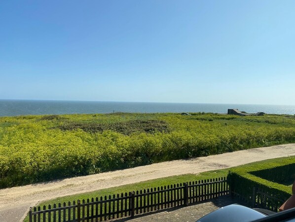 Een kustlandschap met een onverhard pad, een houten omheining en uitzicht op de zee.