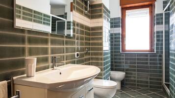 Shower, hair dryer, bidet, towels