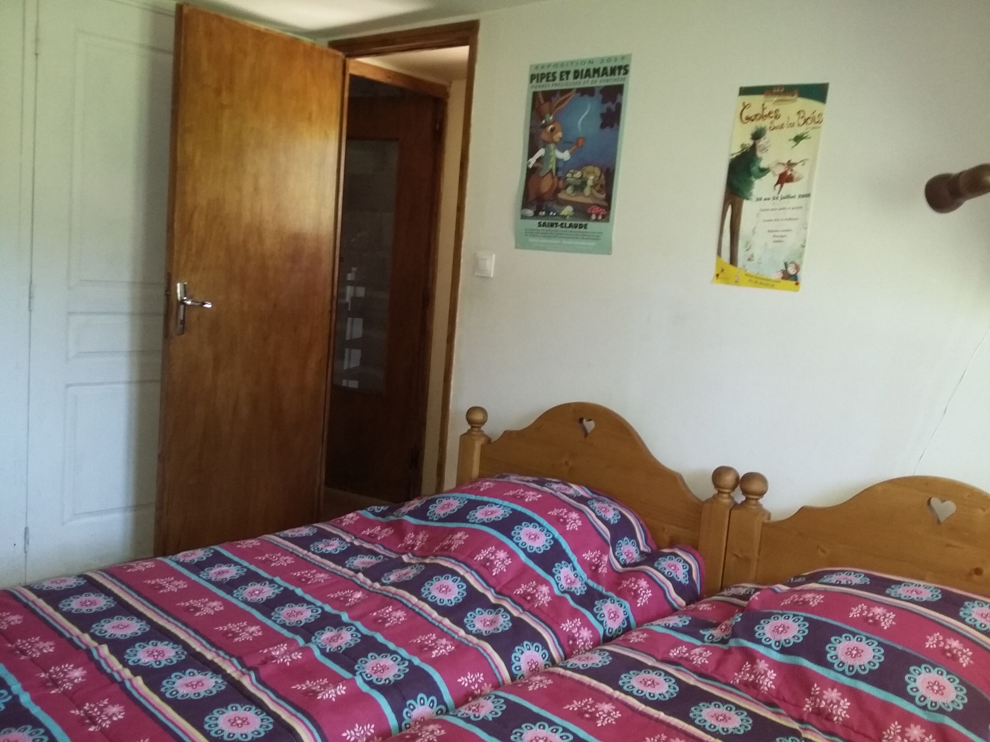 A bedroom with a wooden bed, a door, and two posters on the wall.