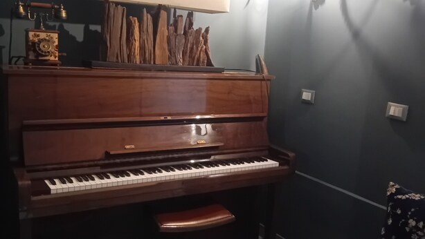 Um piano com um candeeiro acima, uma cadeira estampada com flores e um vaso no chão.