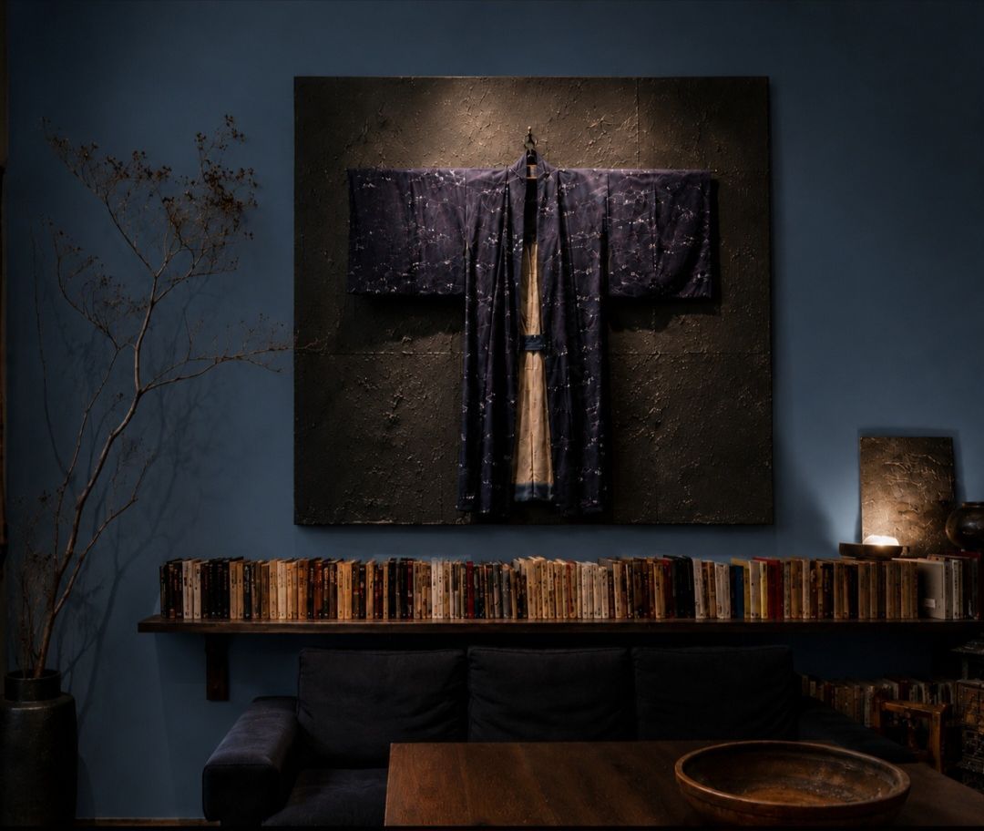 A room with a dark blue wall, a wooden bookshelf filled with books, a wooden table with a bowl, and a large artwork depicting a cross.