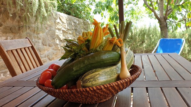 Una mesa de madera con una cesta tejida que contiene tomates, pepinos y un calabacín.