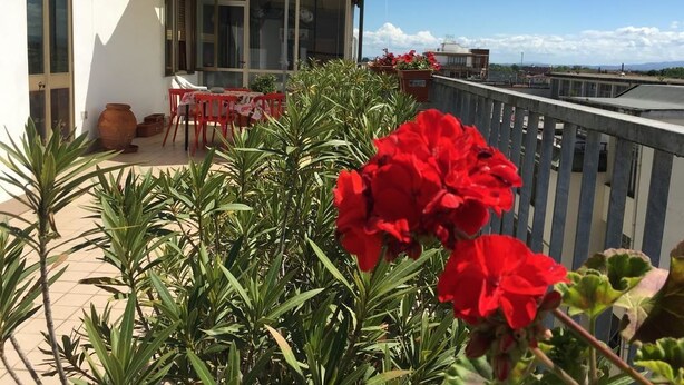A balcony with red flowers, a table, chairs, and a white umbrella. - B&B Colombo (Pisa)