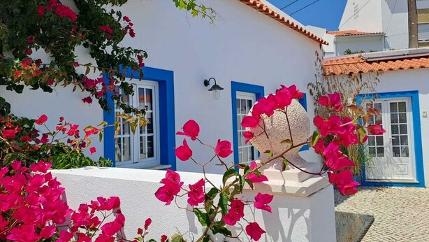A white building with blue trim and a tiled roof. - Casa Azul: Tranquility and tranquility in the ocean (Foz do Arelho)