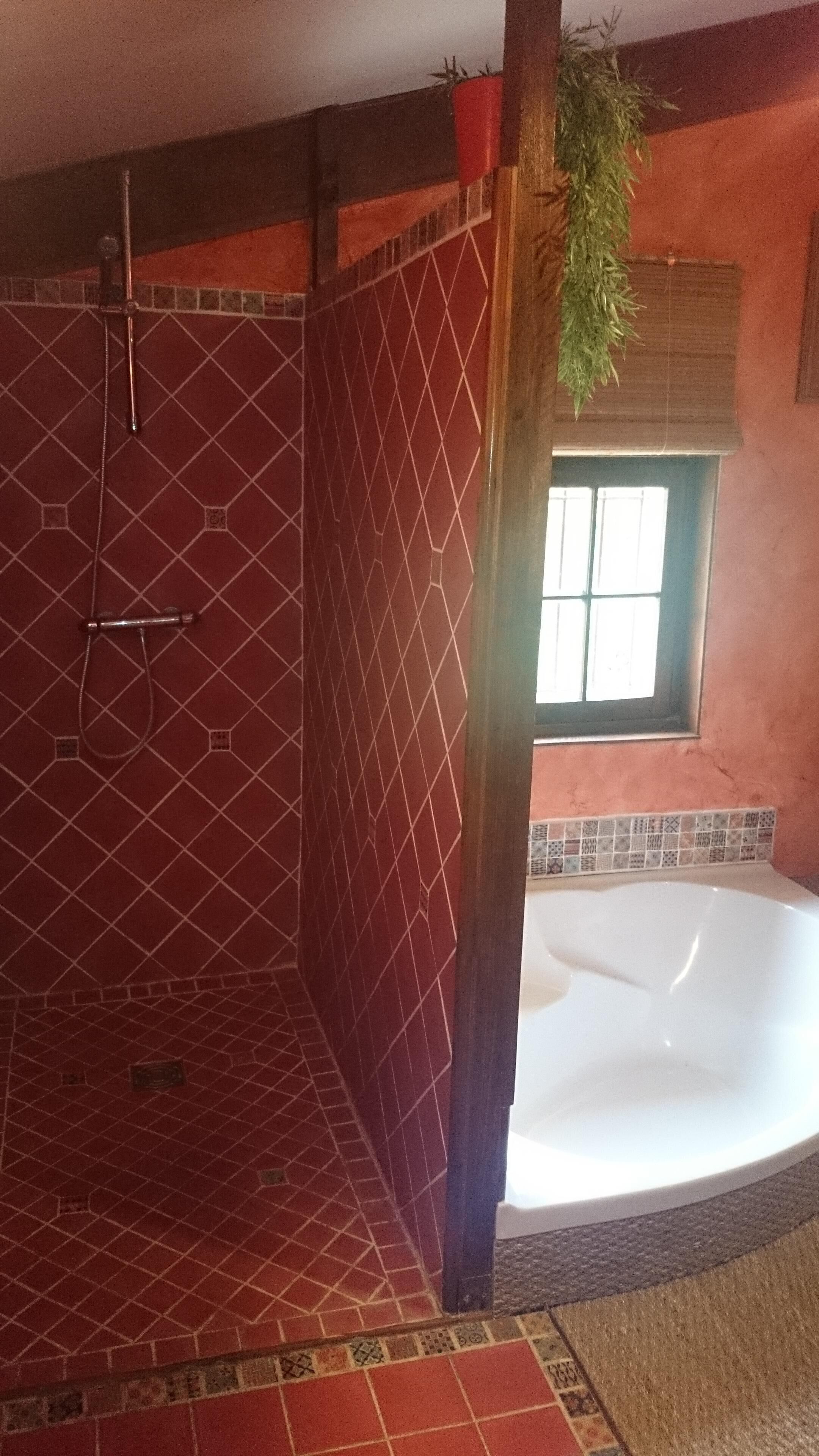 Een badkamer met een douchegedeelte met rode tegels, een witte badkuip en een raam met zonwering.