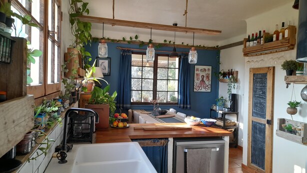 A kitchen with wooden countertops, a sink, and hanging plants. There are potted plants on the windowsill and a chalkboard with writing on the wall.