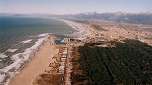 An aerial view of a coastal area with a beach, port facilities, and a forested hill. - Apartment near the sea with garage (Viareggio)