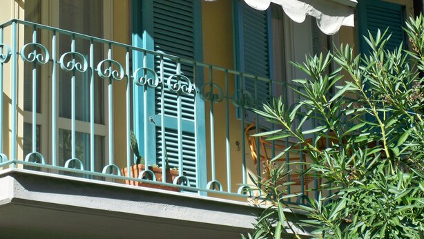 A balcony with a metal railing, potted plants, and a window with blue shutters. - Apartment near the sea with garage (Viareggio)