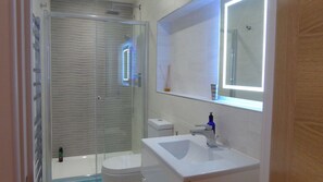 Combined shower/tub, hair dryer, towels, toilet paper