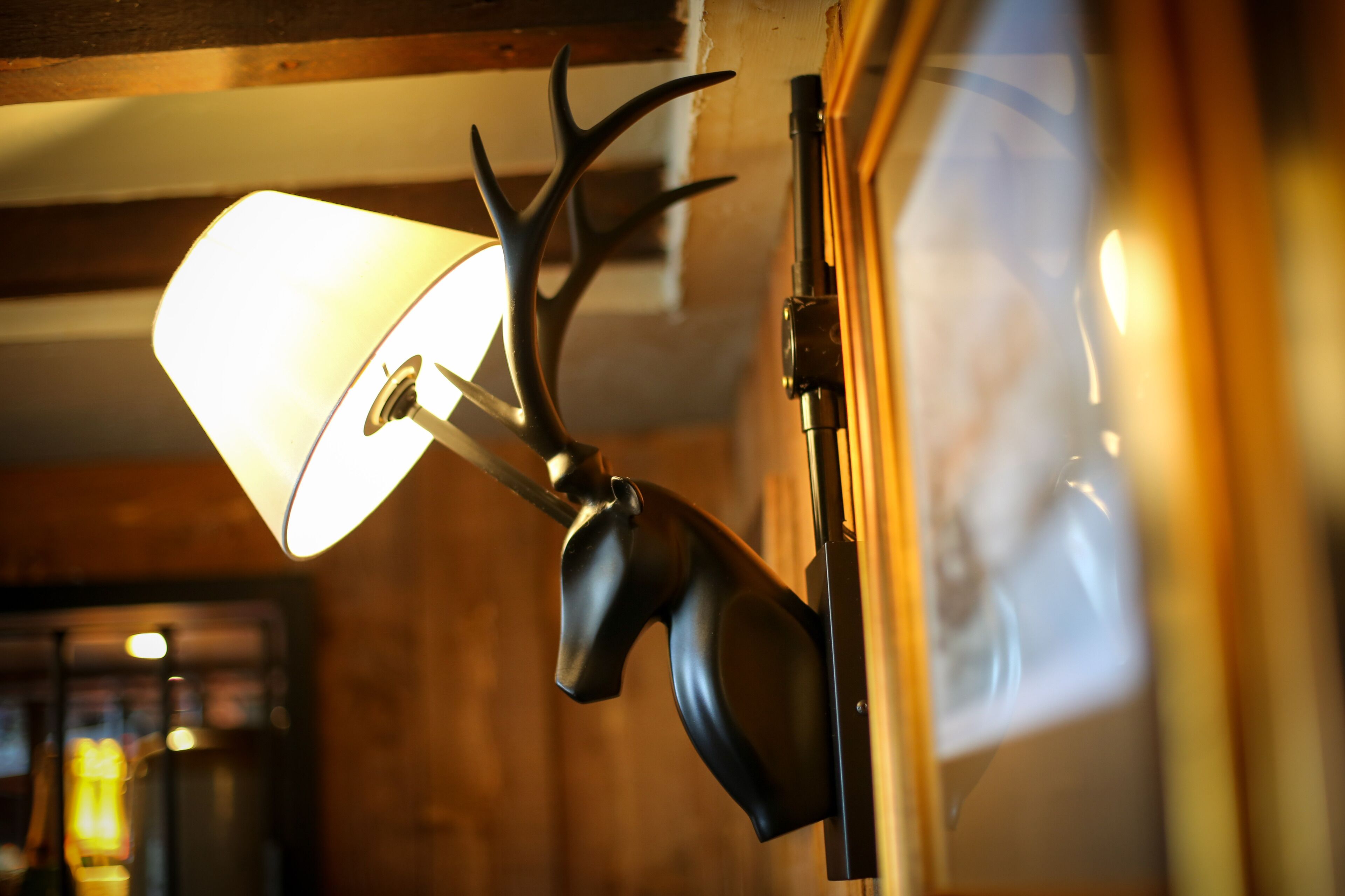 A wall-mounted lamp with a deer head and antlers, a light fixture, and a wooden ceiling.