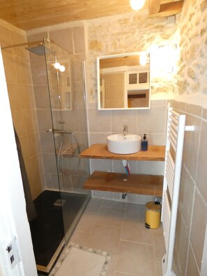 Combined shower/bathtub, bidet, towels