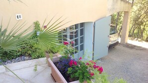 A garden with potted plants and flowers in front of a building with a blue door.