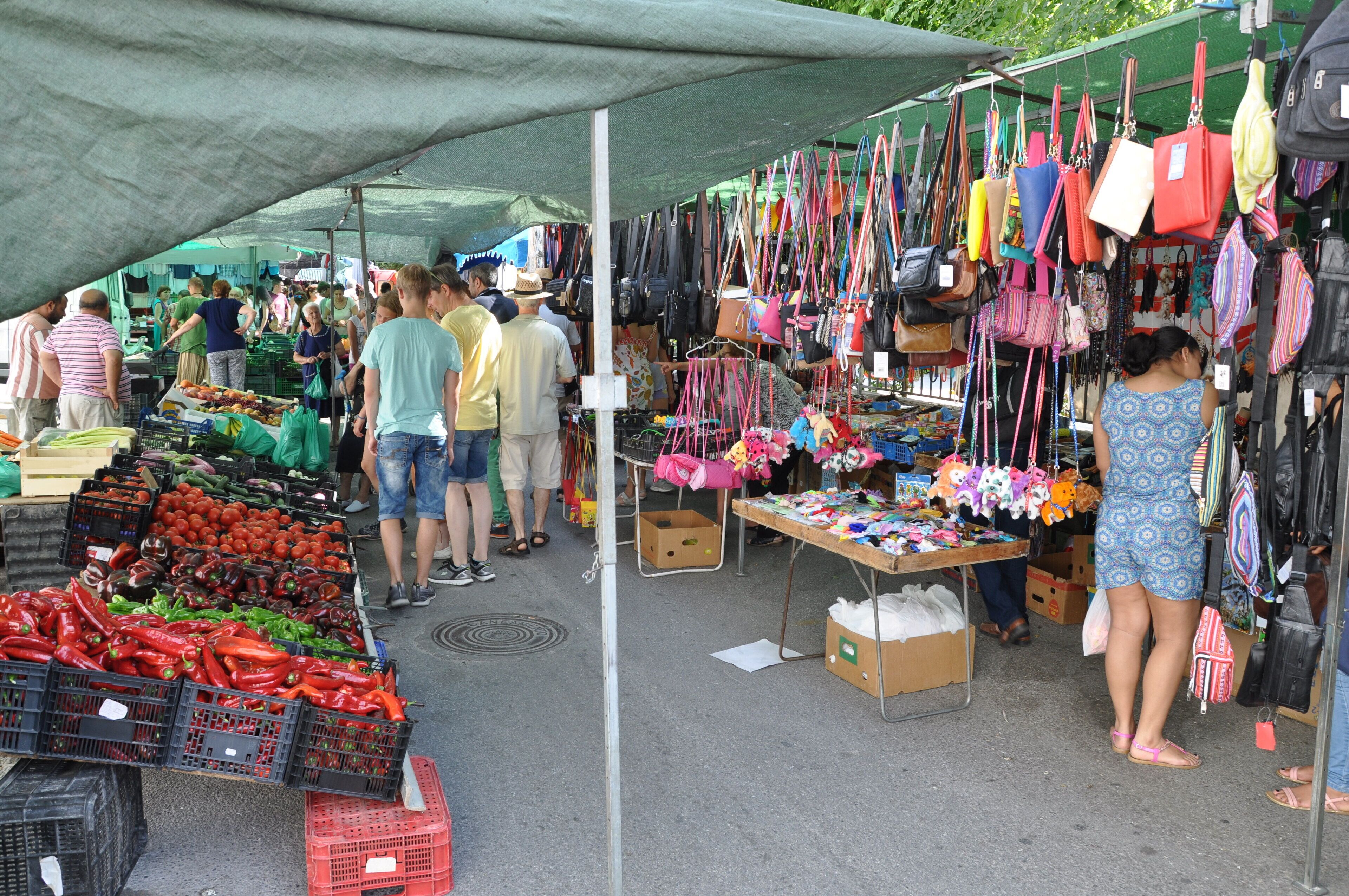 Een levendige markt in de open lucht met verschillende kraampjes die fruit, groenten en tassen verkopen.