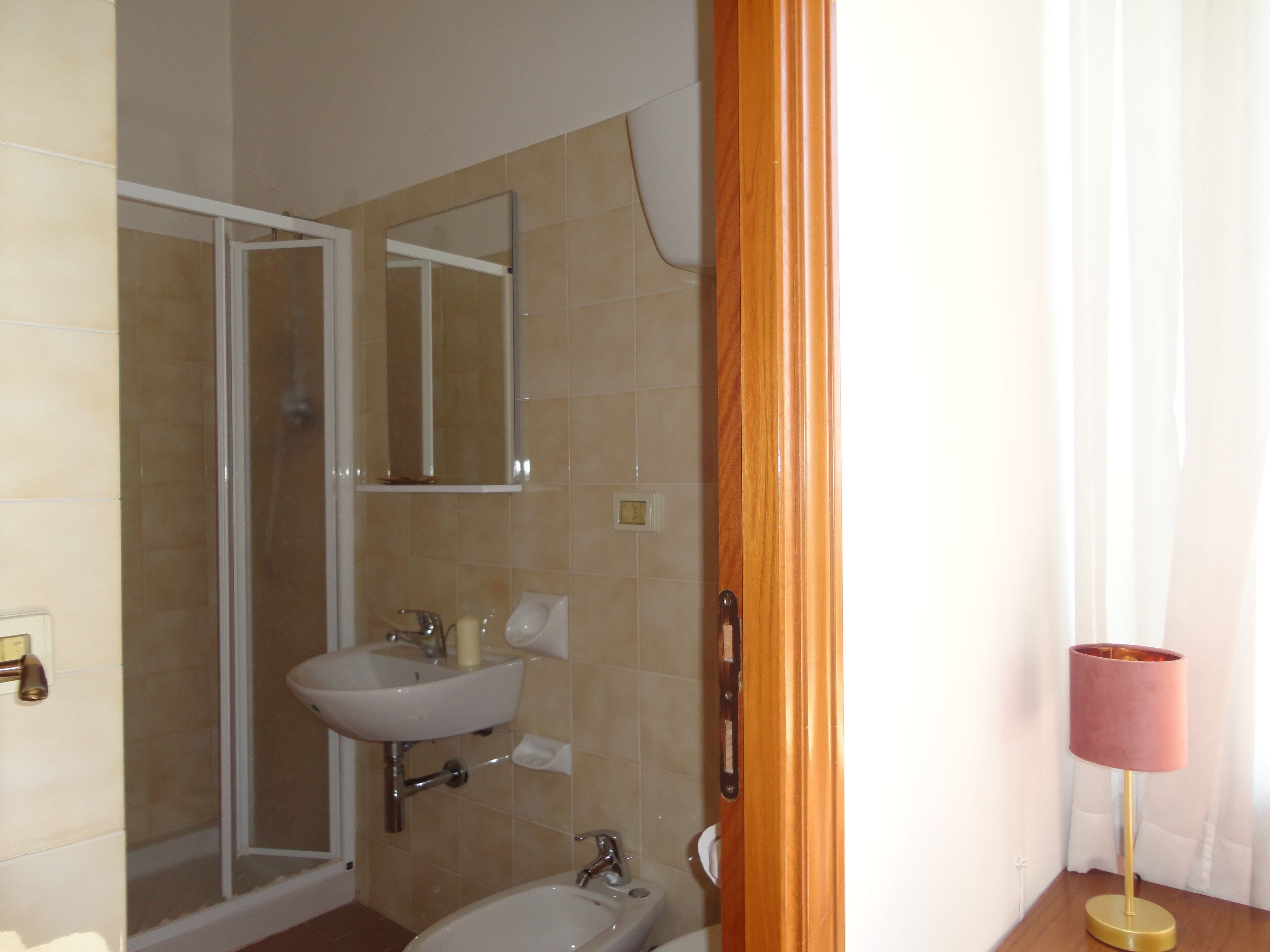 A bathroom with a shower, sink, and mirror.