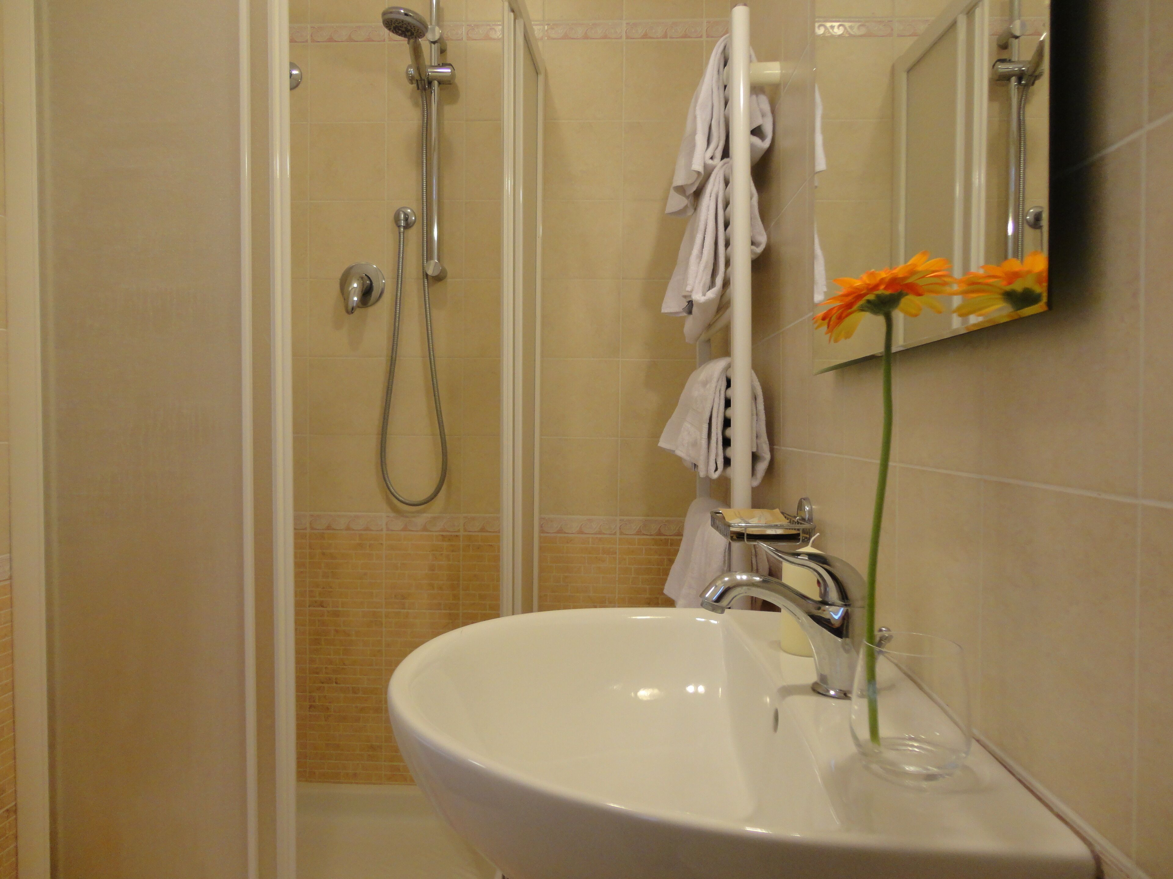 A bathroom with a white sink, a handheld showerhead, and a towel rack.