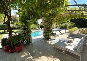 A patio area with a pool, outdoor furniture, and lush greenery.