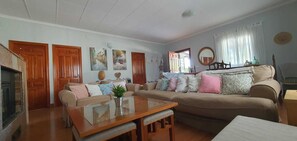 Smart TV, chimenea, reproductor de DVD, libros