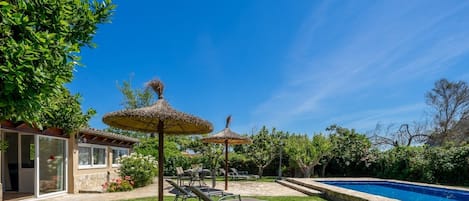 A backyard with a swimming pool, two thatched umbrellas, and a lawn.
