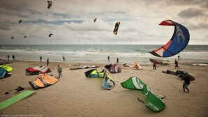 Una playa con varios cometas y personas practicando kitesurf.