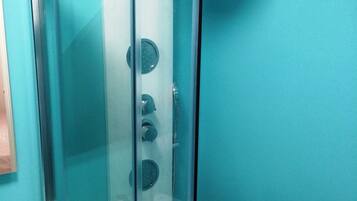 Shower, hair dryer, bidet, towels