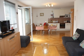 TV, DVD player, books, music library