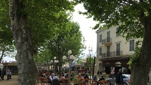 An outdoor café area with tables and chairs, surrounded by trees and buildings. - Beautiful villa with sea view and Ile Rousse (Monticello)
