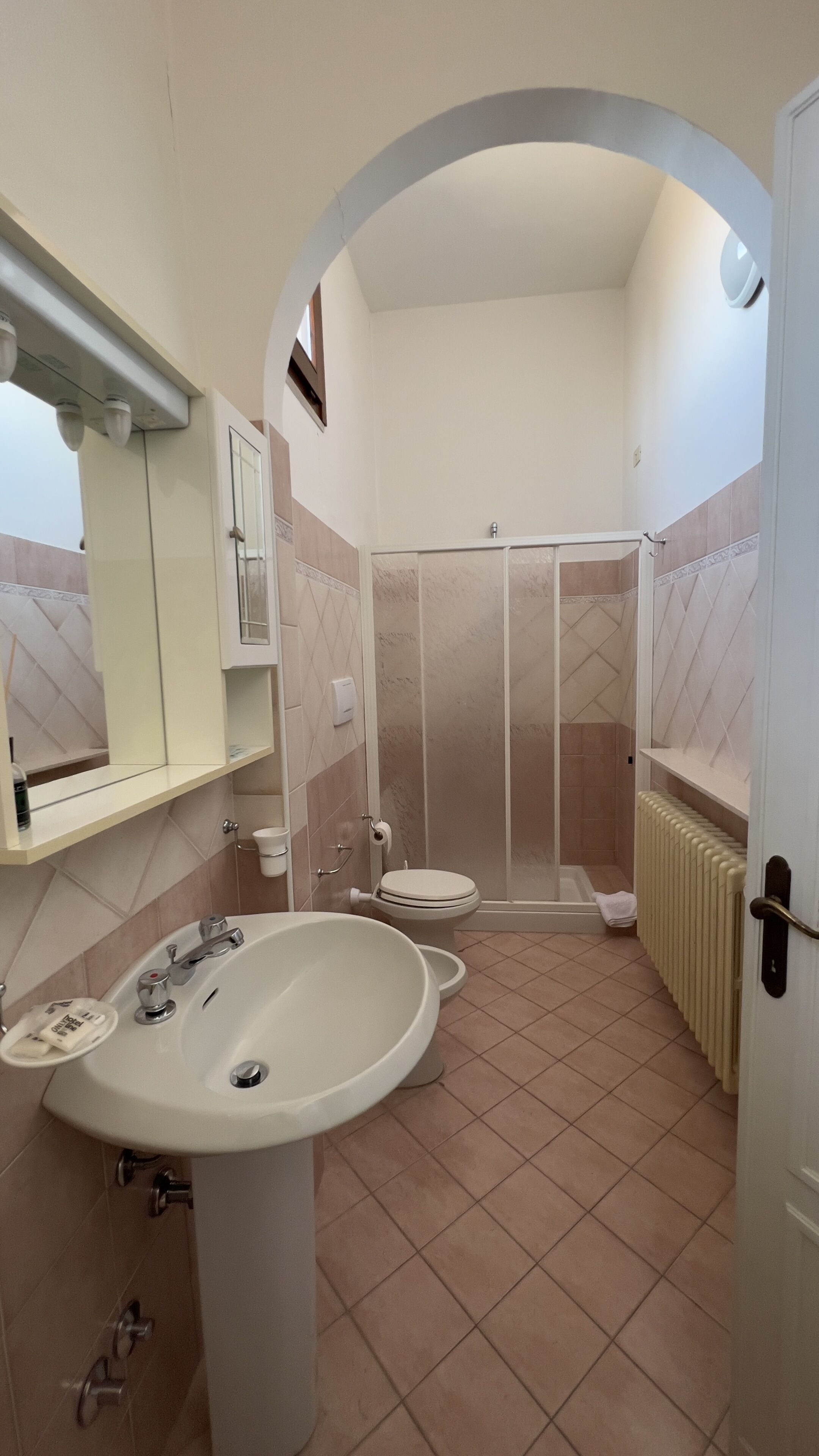 A bathroom with a sink, toilet, and shower.