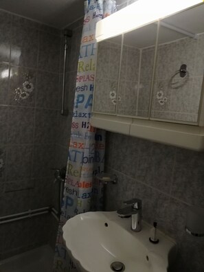 Combined shower/bathtub, hair dryer, bathrobes, towels