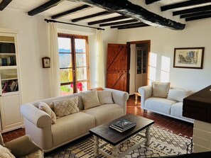 TV, lareira, livros, aparelho de som