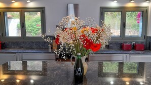 Uma cozinha com bancada de mármore, um vaso com flores e duas janelas com vista para o verde.