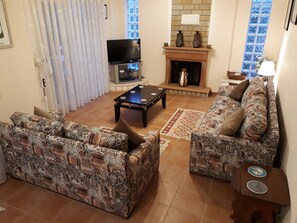 TV, fireplace, DVD player, books