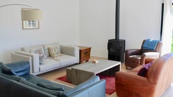 Tv, eldstad, ett bordtennisbord och böcker