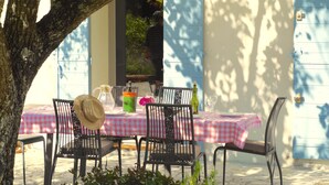 An outdoor dining area with a checkered tablecloth, black metal chairs, a hat on one chair, and a bottle of wine. - Luxury Provencal Farmhouse with aircon, Pool, WiFI  -  Vaison/Malaucene area. (Malaucène)