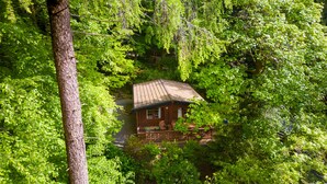 Une cabane entourée d’une forêt dense, dotée d’une terrasse visible et d’un petit espace porche.