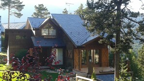 Eine Holzhütte mit geneigtem Dach, einer Veranda und einer kleinen Terrasse.