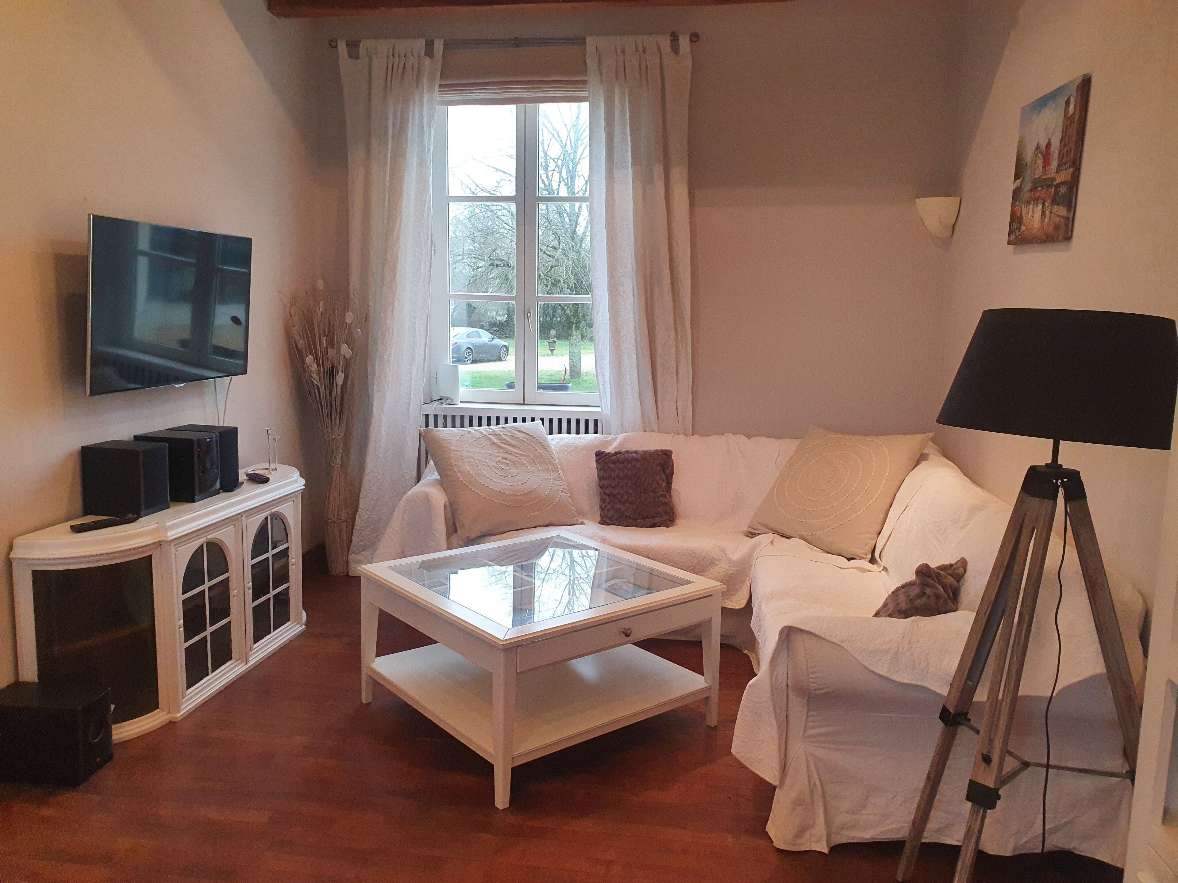 Smart TV, fireplace, DVD player, foosball