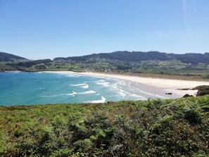 Un paysage côtier avec une plage, des vagues de l’océan et, en arrière-plan, des collines.