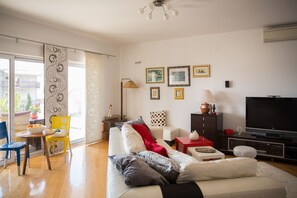 Smart TV, chimenea, reproductor de DVD, libros