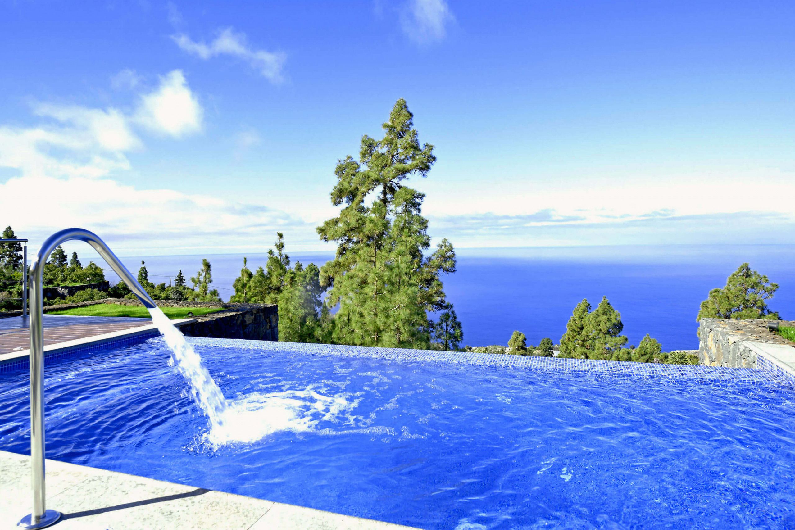 A swimming pool with a view of the sea and trees.